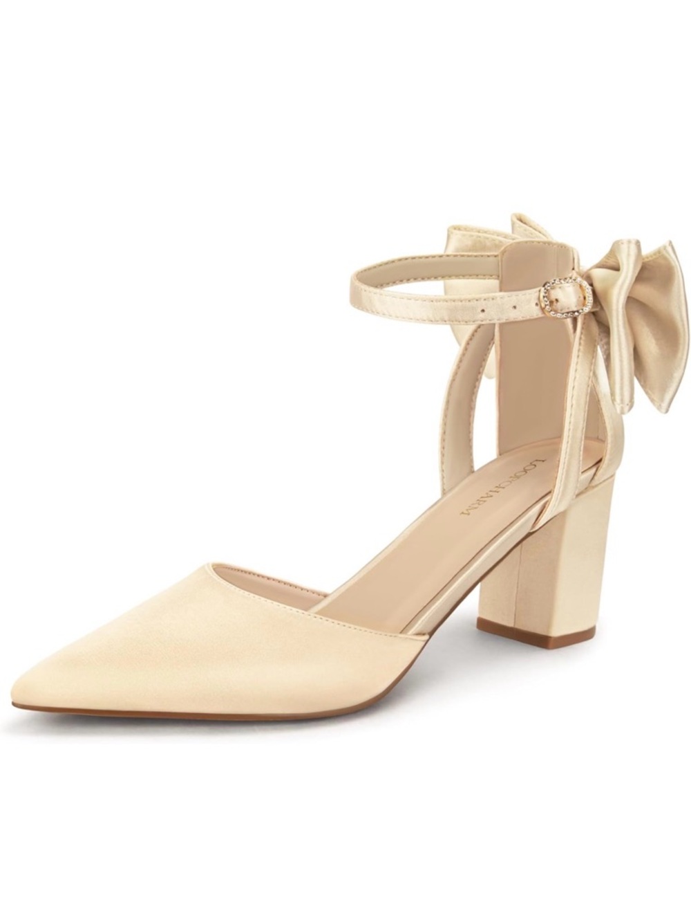 Pointed Toe Ankle-Strap Block Heel Pumps with Bow - Cream